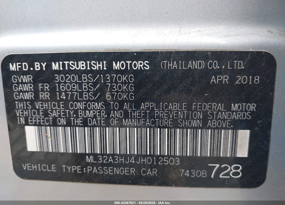 2018 MITSUBISHI MIRAGE ES VIN: ML32A3HJ4JH012503