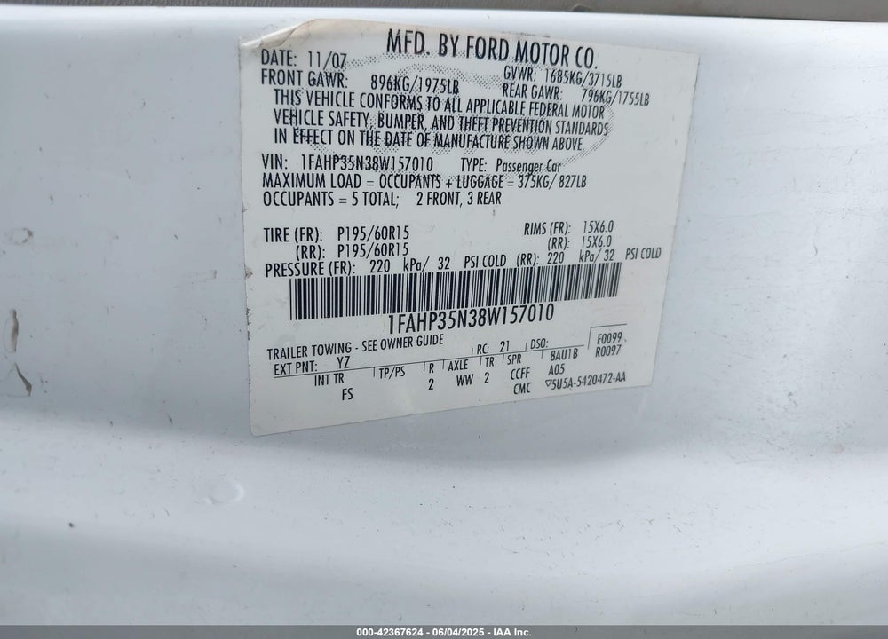 2008 FORD FOCUS SE/SES VIN: 1FAHP35N38W157010