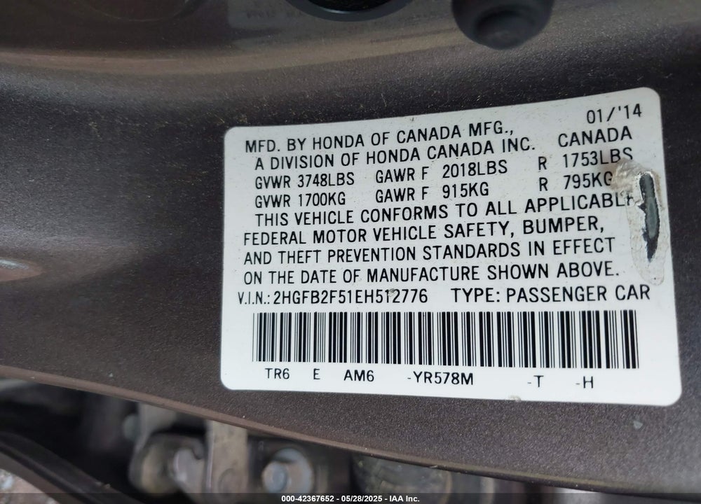 2014 HONDA CIVIC LX VIN: 2HGFB2F51EH512776