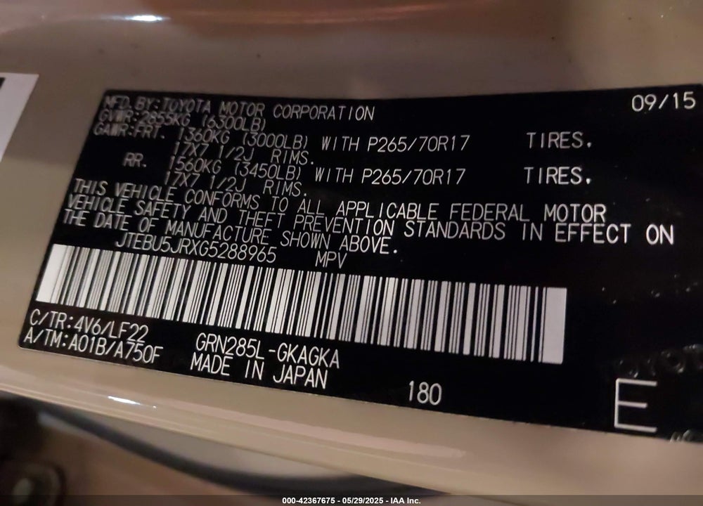 2016 TOYOTA 4RUNNER VIN: JTEBU5JRXG5288965