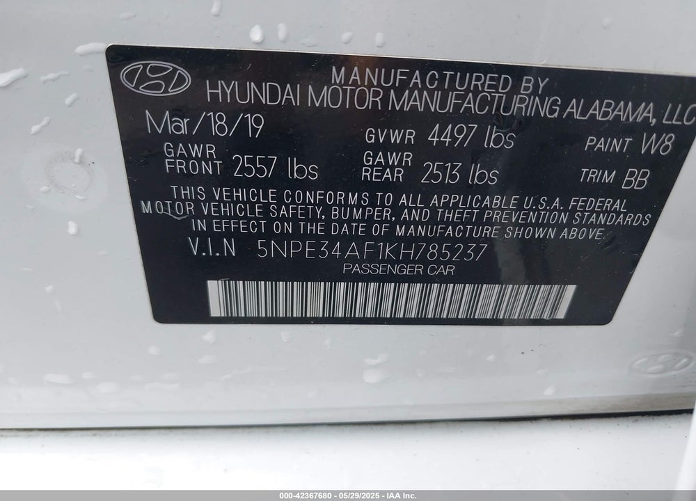 2019 HYUNDAI SONATA VIN: 5NPE34AF1KH785237
