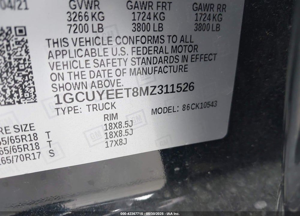 2021 CHEVROLET SILVERADO VIN: 1GCUYEET8MZ311526
