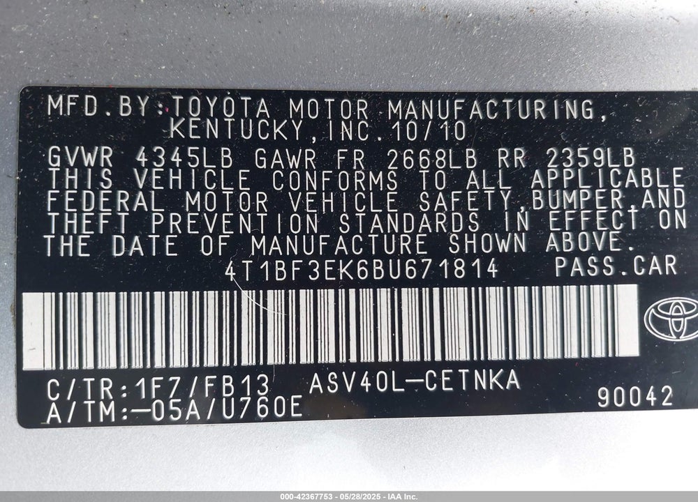 2011 TOYOTA CAMRY VIN: 4T1BF3EK6BU671814