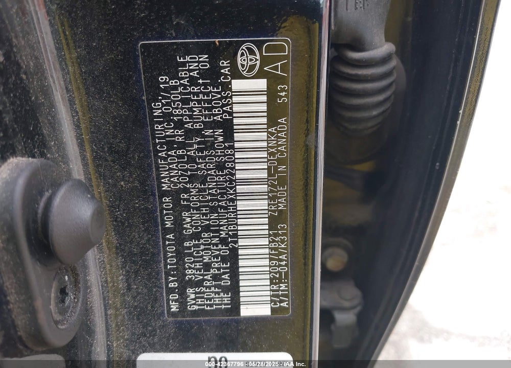 2019 TOYOTA COROLLA VIN: 2T1BURHEXKC228081
