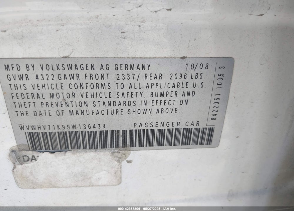 2009 VOLKSWAGEN GTI VIN: WVWHV71K99W136439