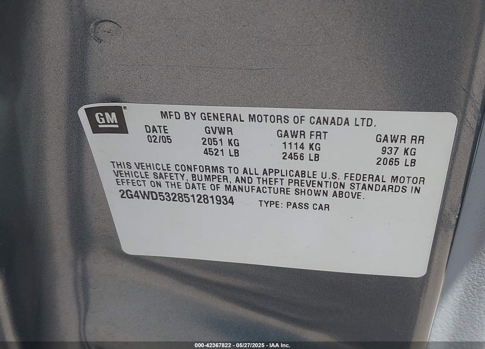 2005 BUICK LACROSSE CXL VIN: 2G4WD532851281934
