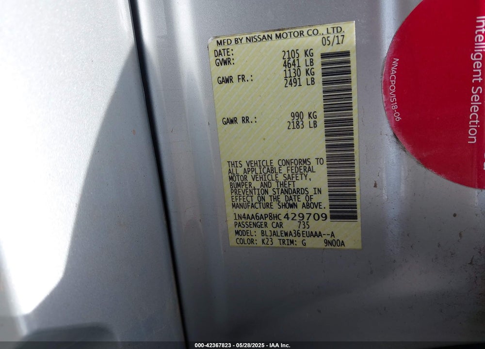 2017 NISSAN MAXIMA VIN: 1N4AA6AP8HC429709