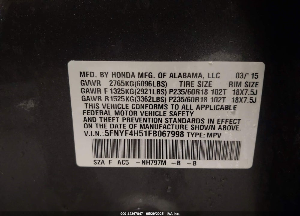 2015 HONDA PILOT EX-L VIN: 5FNYF4H51FB067998
