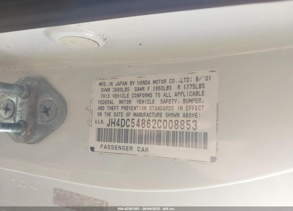 2002 ACURA RSX VIN: JH4DC54862C008853