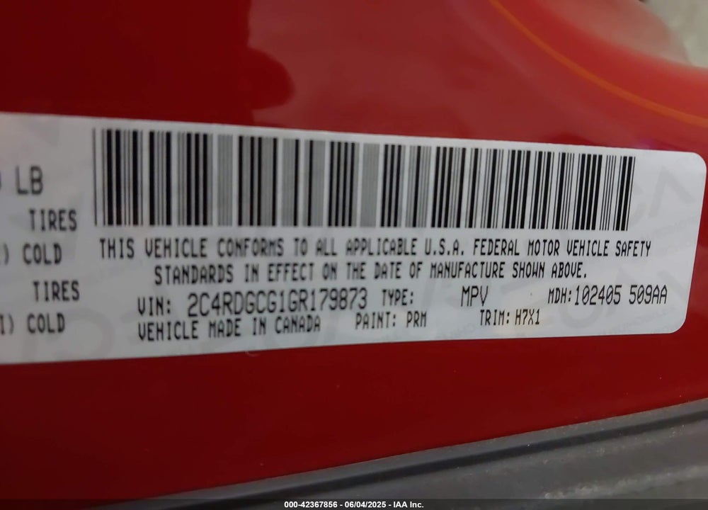 2016 DODGE GRAND CARAVAN VIN: 2C4RDGCG1GR179873