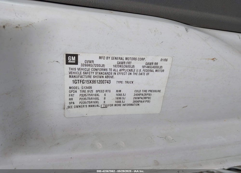 2006 GMC SAVANA WORK VAN VIN: 1GTFG15X861200743