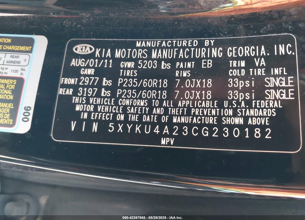 2012 KIA SORENTO VIN: 5XYKU4A23CG230182