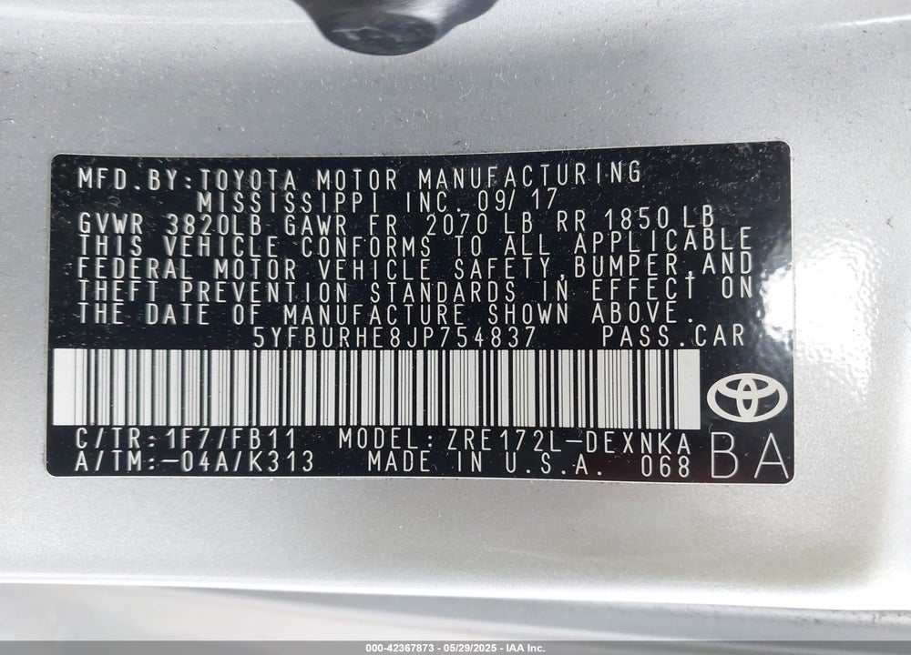 2018 TOYOTA COROLLA VIN: 5YFBURHE8JP754837