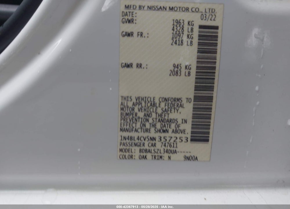 2022 NISSAN ALTIMA VIN: 1N4BL4CV5NN357253