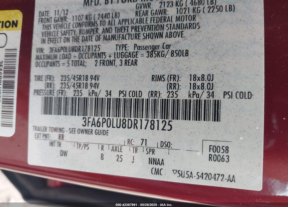2013 FORD FUSION VIN: 3FA6P0LU8DR178125