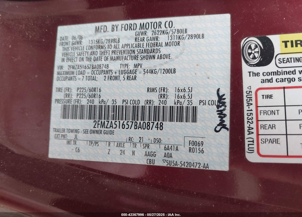 2007 FORD FREESTAR SE VIN: 2FMZA51657BA08748