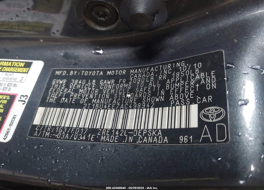 2010 TOYOTA COROLLA VIN: 2T1BU4EE7AC498942