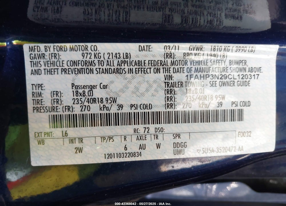 2012 FORD FOCUS VIN: 1FAHP3N29CL120317