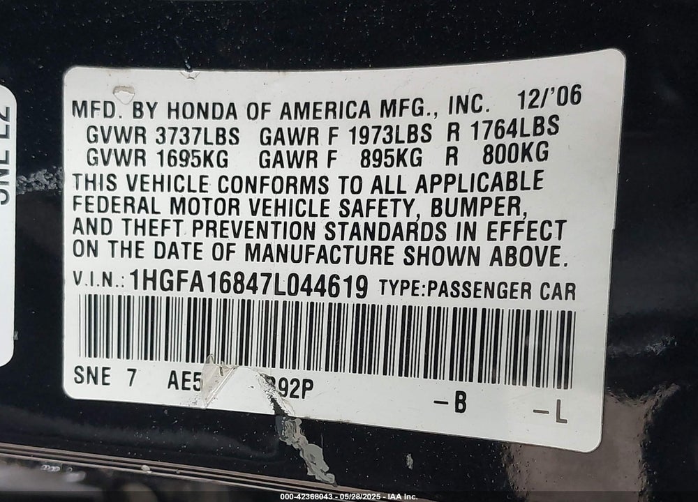 2007 HONDA CIVIC VIN: 1HGFA16847L044619