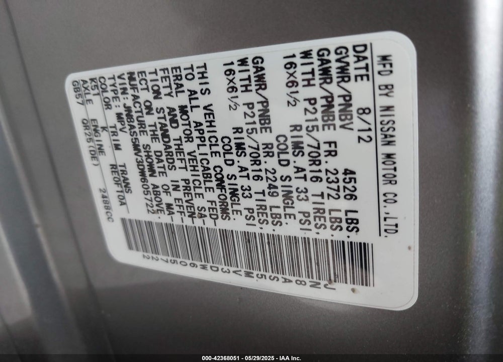 2013 NISSAN ROGUE VIN: JN8AS5MV3DW605722