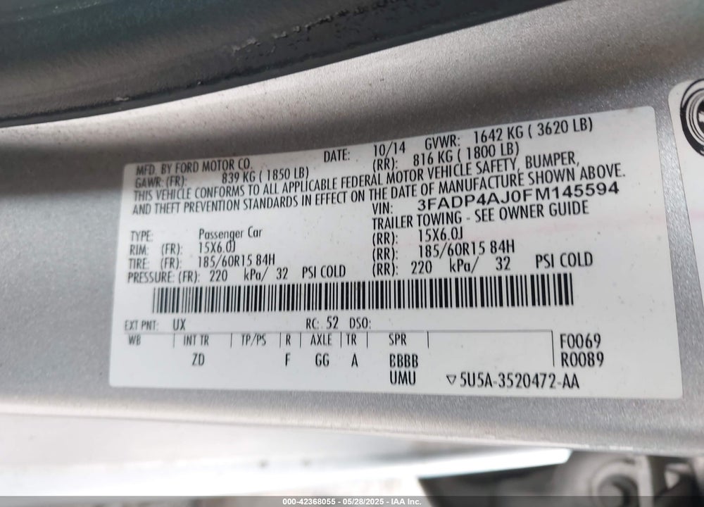 2015 FORD FIESTA VIN: 3FADP4AJ0FM145594