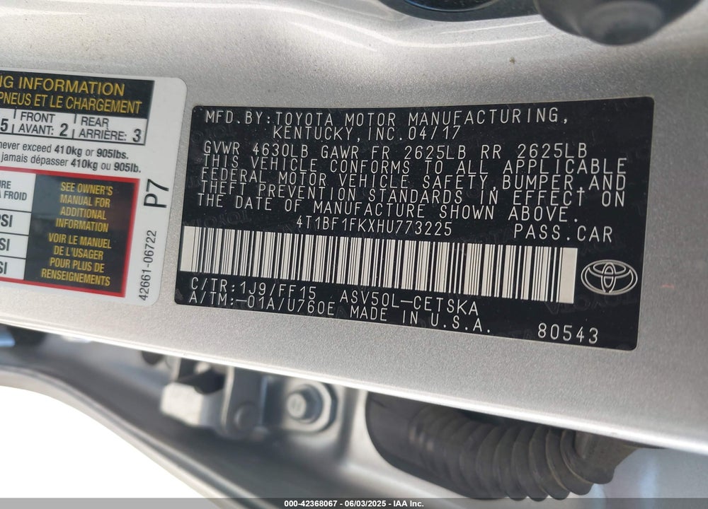 2017 TOYOTA CAMRY VIN: 4T1BF1FKXHU773225