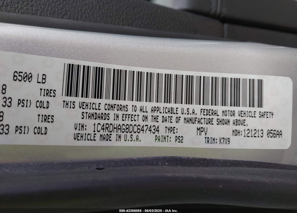 2013 DODGE DURANGO VIN: 1C4RDHAG8DC647434