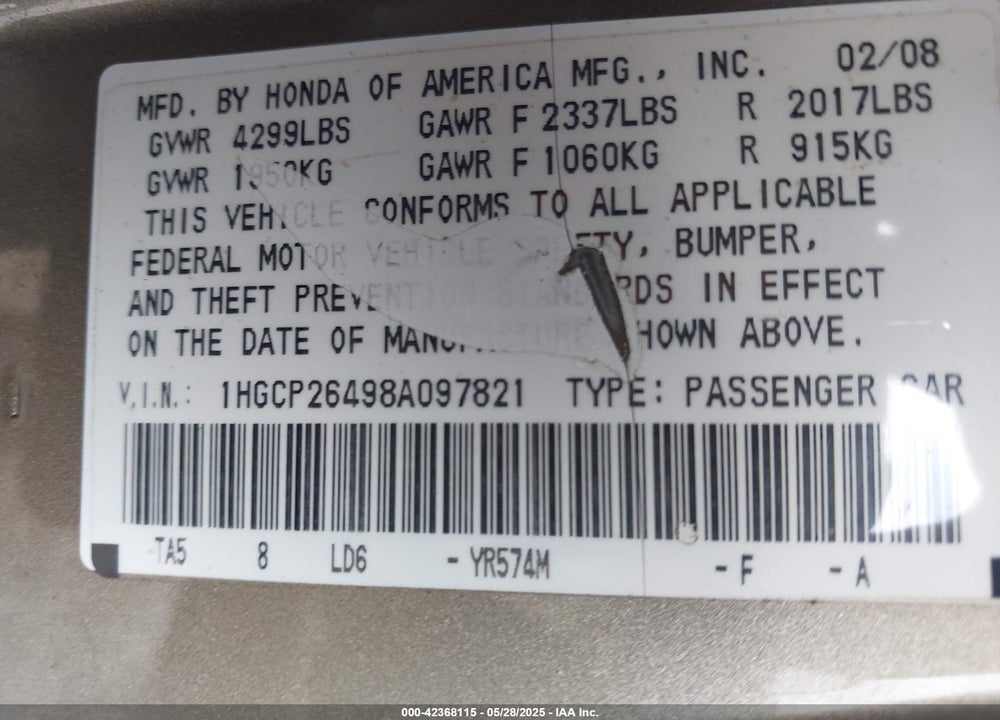 2008 HONDA ACCORD VIN: 1HGCP26498A097821