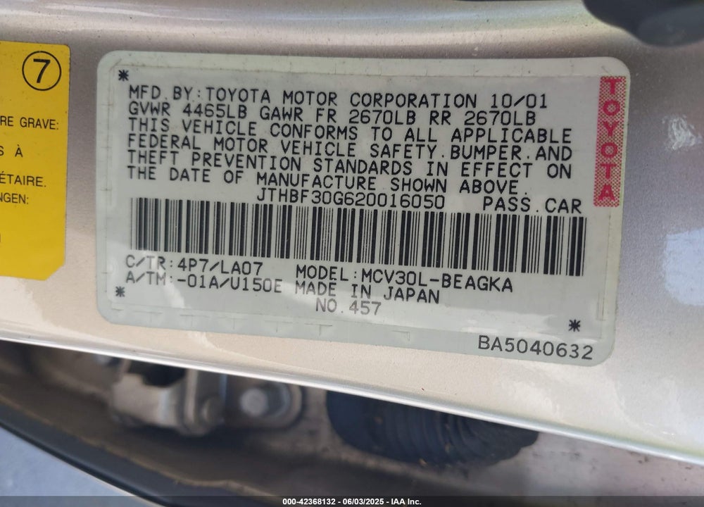 2002 LEXUS ES 300 VIN: JTHBF30G620016050