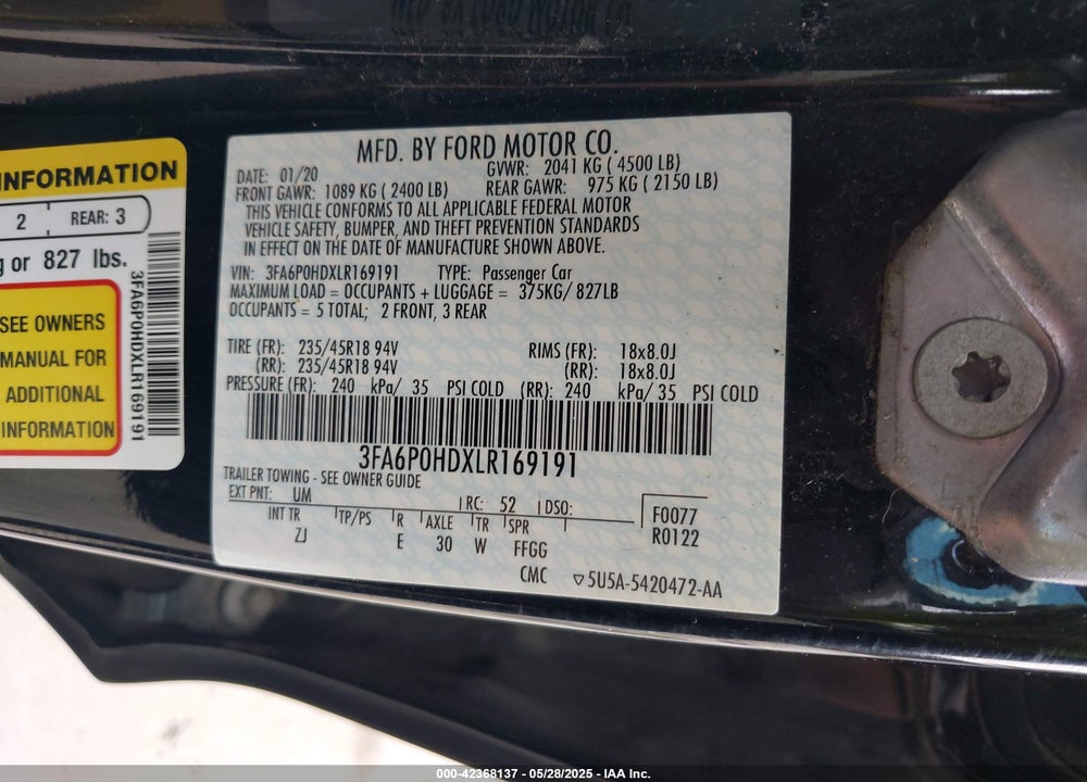 2020 FORD FUSION VIN: 3FA6P0HDXLR169191