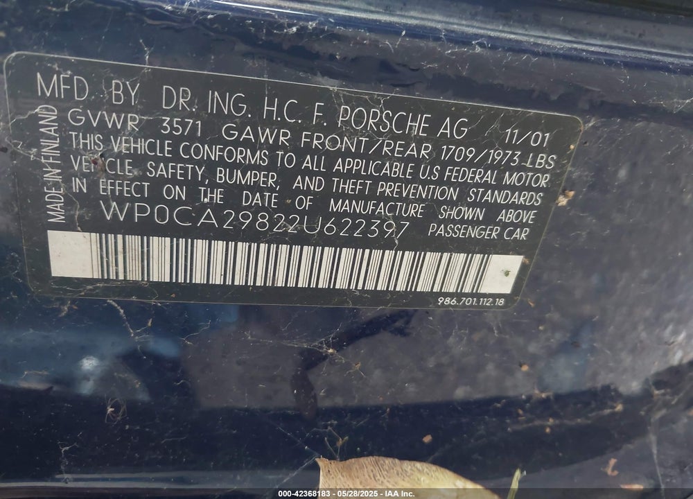 2002 PORSCHE BOXSTER VIN: WP0CA29822U622397