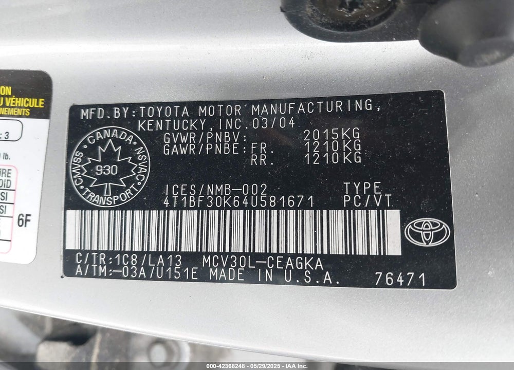 2004 TOYOTA CAMRY VIN: 4T1BF30K64U581671