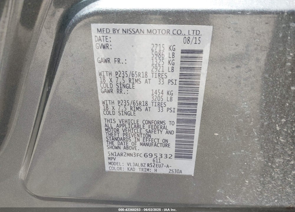 2015 NISSAN PATHFINDER S VIN: 5N1AR2MN3FC695332