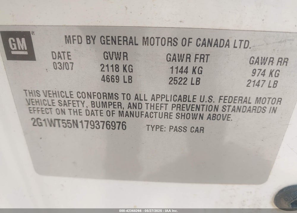 2007 CHEVROLET IMPALA VIN: 2G1WT55N179376976
