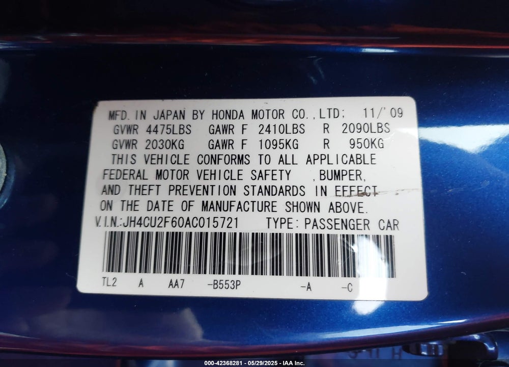 2010 ACURA TSX 2.4 VIN: JH4CU2F60AC015721