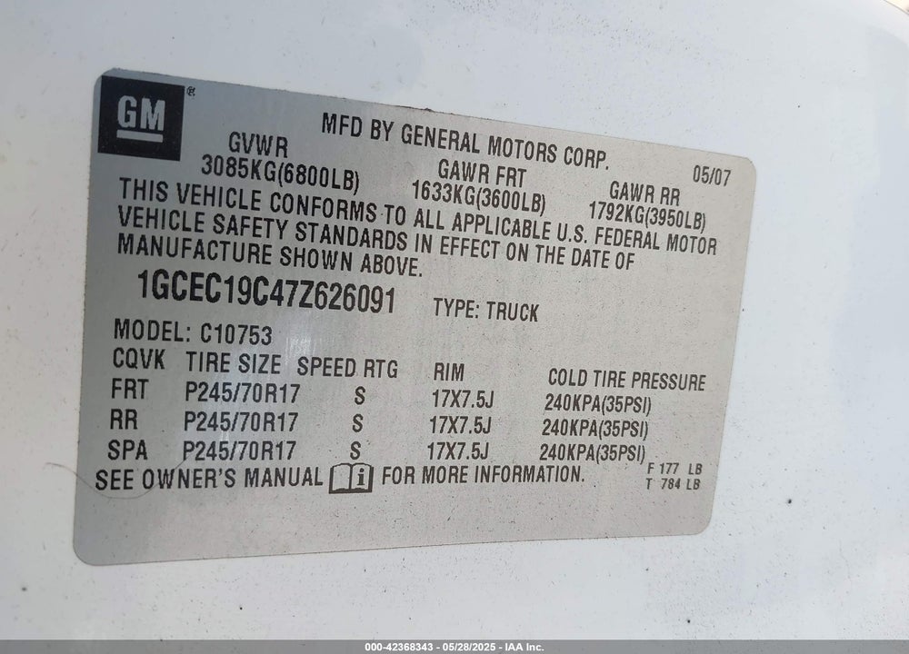2007 CHEVROLET SILVERADO VIN: 1GCEC19C47Z626091