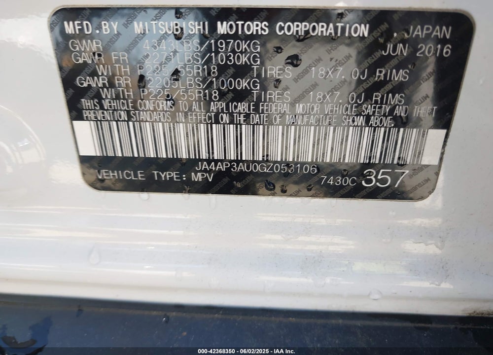 2016 MITSUBISHI OUTLANDER SPORT VIN: JA4AP3AU0GZ053106