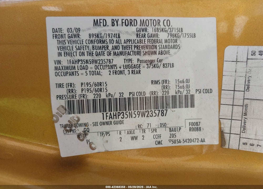 2009 FORD FOCUS VIN: 1FAHP35N59W235787