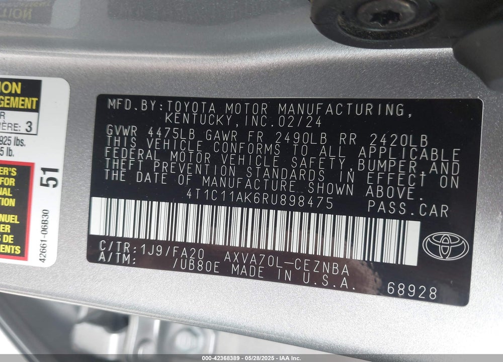 2024 TOYOTA CAMRY VIN: 4T1C11AK6RU898475