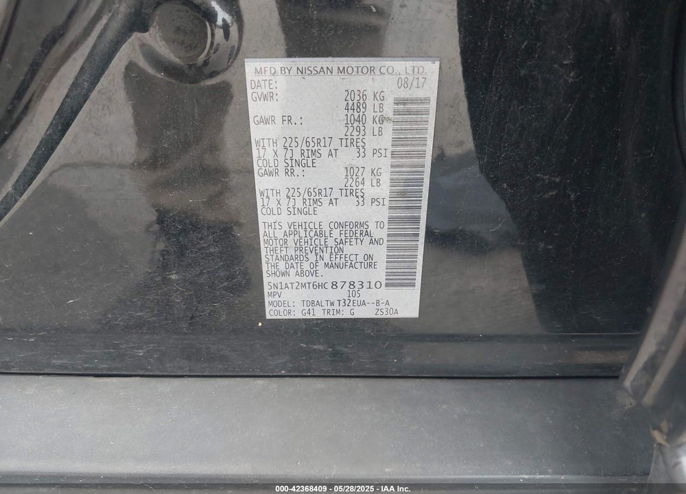 2017 NISSAN ROGUE VIN: 5N1AT2MT6HC878310
