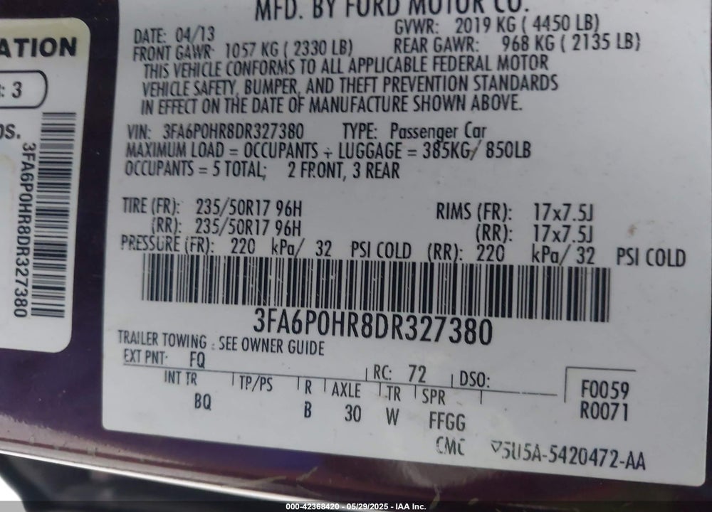 2013 FORD FUSION VIN: 3FA6P0HR8DR327380