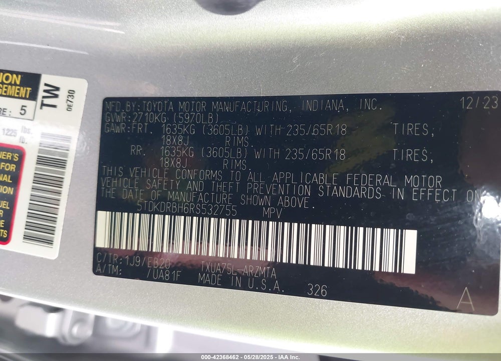 2024 TOYOTA HIGHLANDER VIN: 5TDKDRBH6RS532755