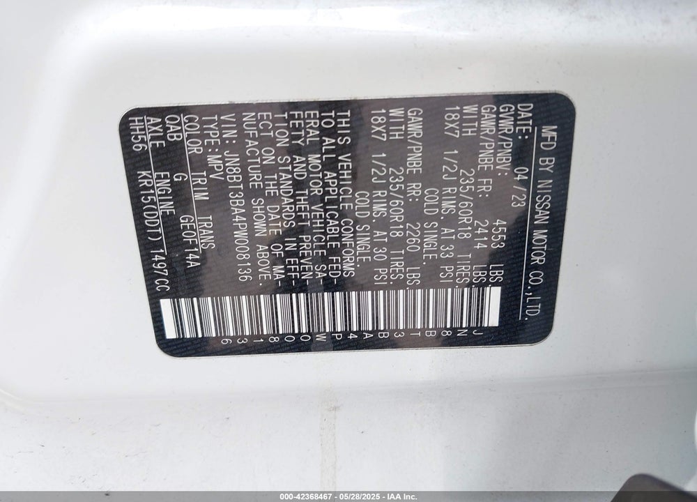 2023 NISSAN ROGUE SV FWD VIN: JN8BT3BA4PW008136