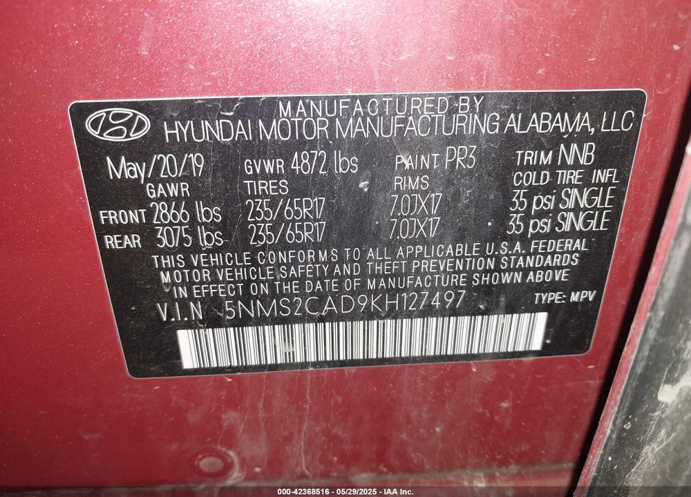 2019 HYUNDAI SANTA FE VIN: 5NMS2CAD9KH127497