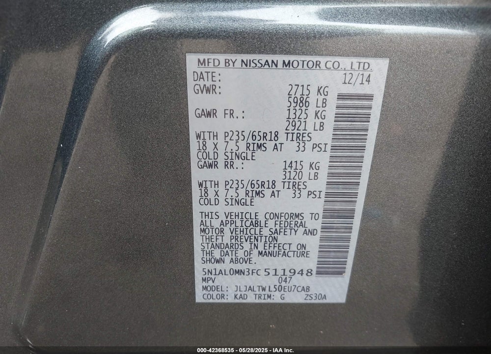 2015 INFINITI QX60 VIN: 5N1AL0MN3FC511948
