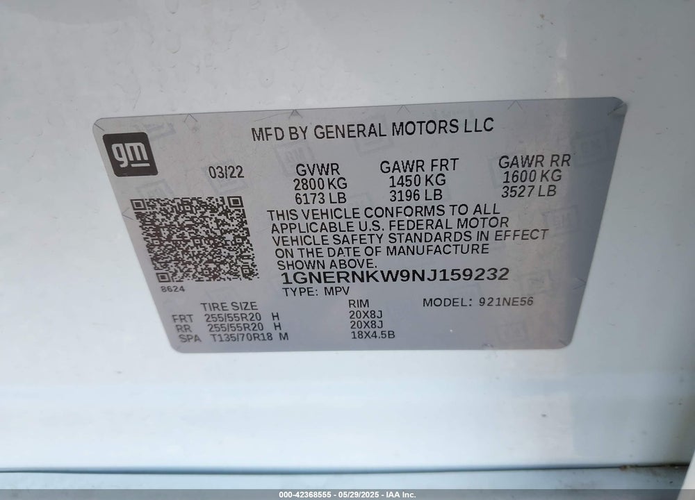 2022 CHEVROLET TRAVERSE VIN: 1GNERNKW9NJ159232
