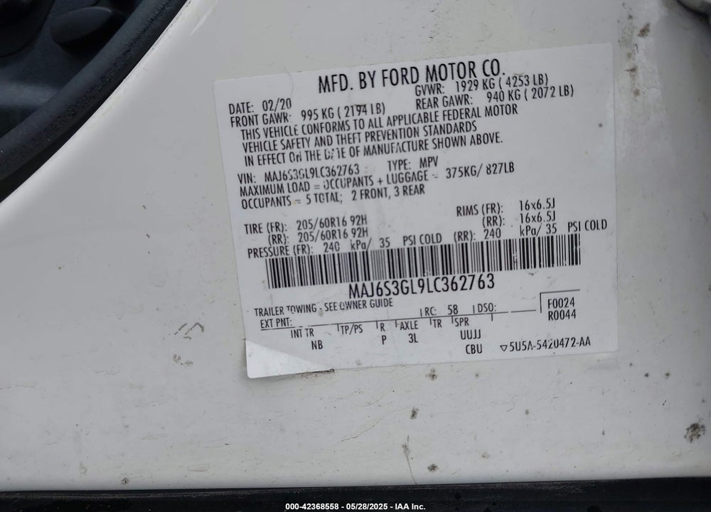 2020 FORD ECOSPORT VIN: MAJ6S3GL9LC362763