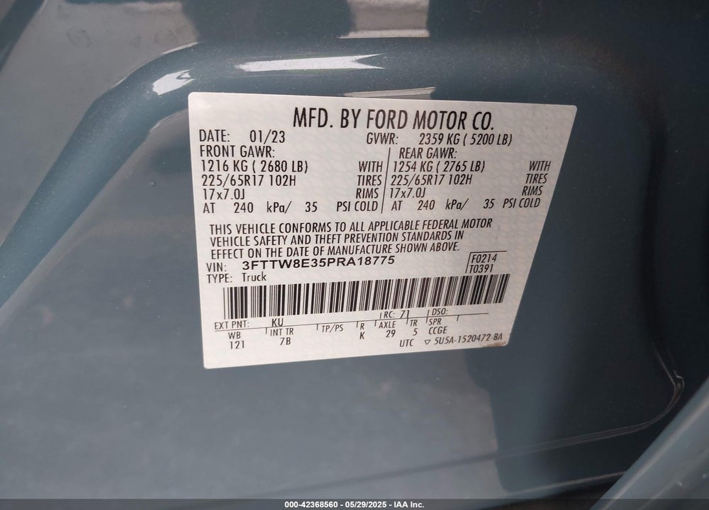 2023 FORD MAVERICK VIN: 3FTTW8E35PRA18775