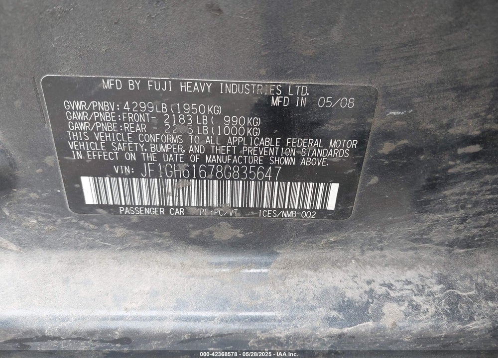 2008 SUBARU IMPREZA 2.5I VIN: JF1GH61678G835647