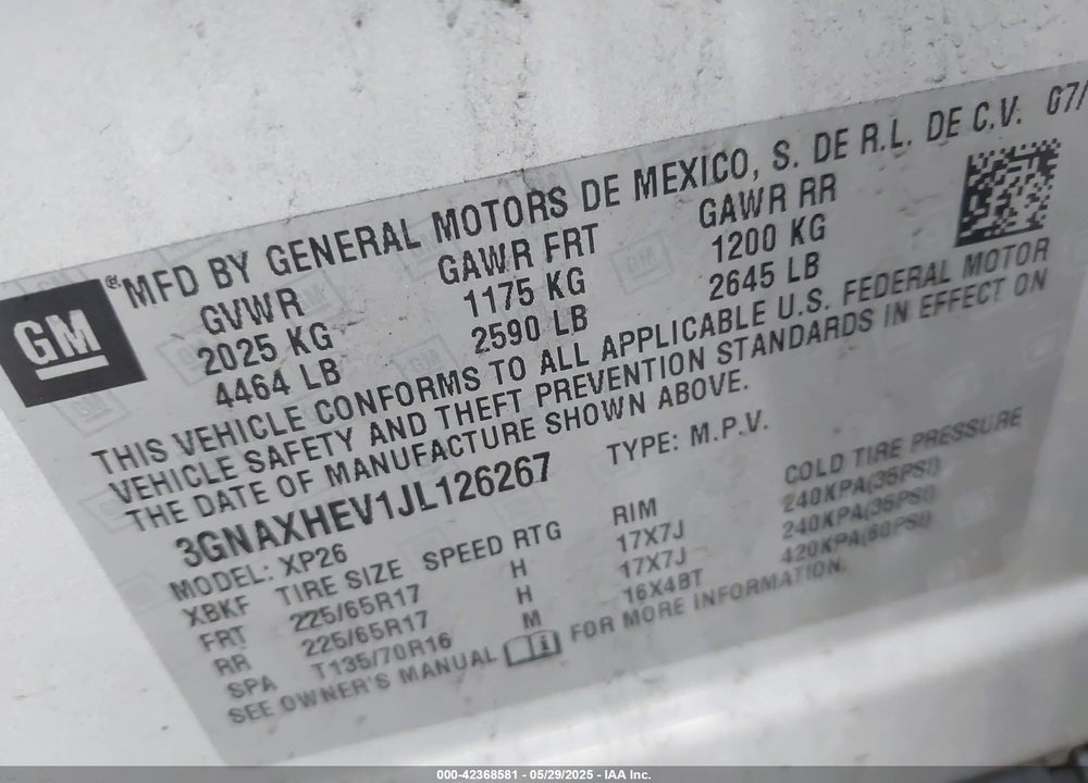 2018 CHEVROLET EQUINOX VIN: 3GNAXHEV1JL126267